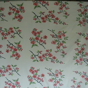 Vintage Mid-Century Tablecloth, Spring Flowers, Pink Apple Blossoms, Green Foliage, Measures approx. 55 x 63", 1940's Tablecloth, Cotton