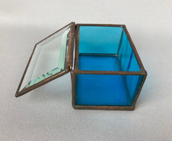 Vintage Trinket Box, Hand Made, Aqua Blue Glass, … - image 2