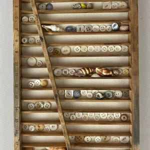 May include: A vintage wooden printer's tray filled with an assortment of seashells and buttons. The tray has multiple compartments, each holding different types of shells and buttons in various sizes and colors. The wooden frame has a rustic appearance.