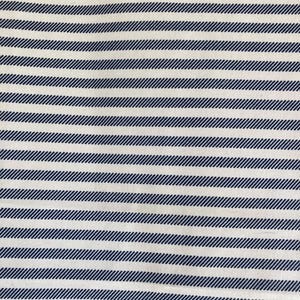 May include: White fabric with thin, dark blue stripes. The stripes are evenly spaced and run horizontally across the fabric.