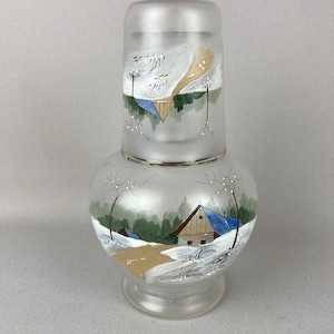 Vintage Tumble-up, Water Decanter with Drinking Glass, Bedside Carafe, Frosted Glass, Hand Painted Winter Scene, Soft Colors, Approx. 8 1/4&quot;