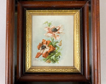 Antique Framed Floral Art Print, Catherine Klein (1861-1929) Anemomes, Antique Dark Wood Tiered Frame w/Gilt Liner, 10 1/4 x 9 1/4 x 2 3/8