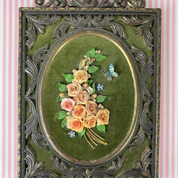 Vintage Hand Made Rose Picture, 3-D Roses, Peach Colored Roses with Forget Me Nots and Butterfly, Fancy Gold Tone Italian Frame, Table Top