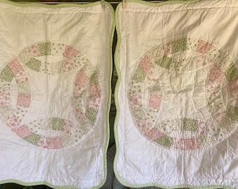 Vintage Pillow Shams, Pair of Shams, Pieced Patchwork, "Double Wedding Ring" Pattern, Quilted, Pinks, Green an White, Standard Bed Size