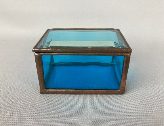 Vintage Trinket Box, Hand Made, Aqua Blue Glass, … - image 1