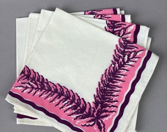 vintage Table Napkins, Set of 4 Napkins, 1940-1950's, Border Print Pink, White and Burgundy, 100% Cotton Fabric, Fern Pattern,Gently Used