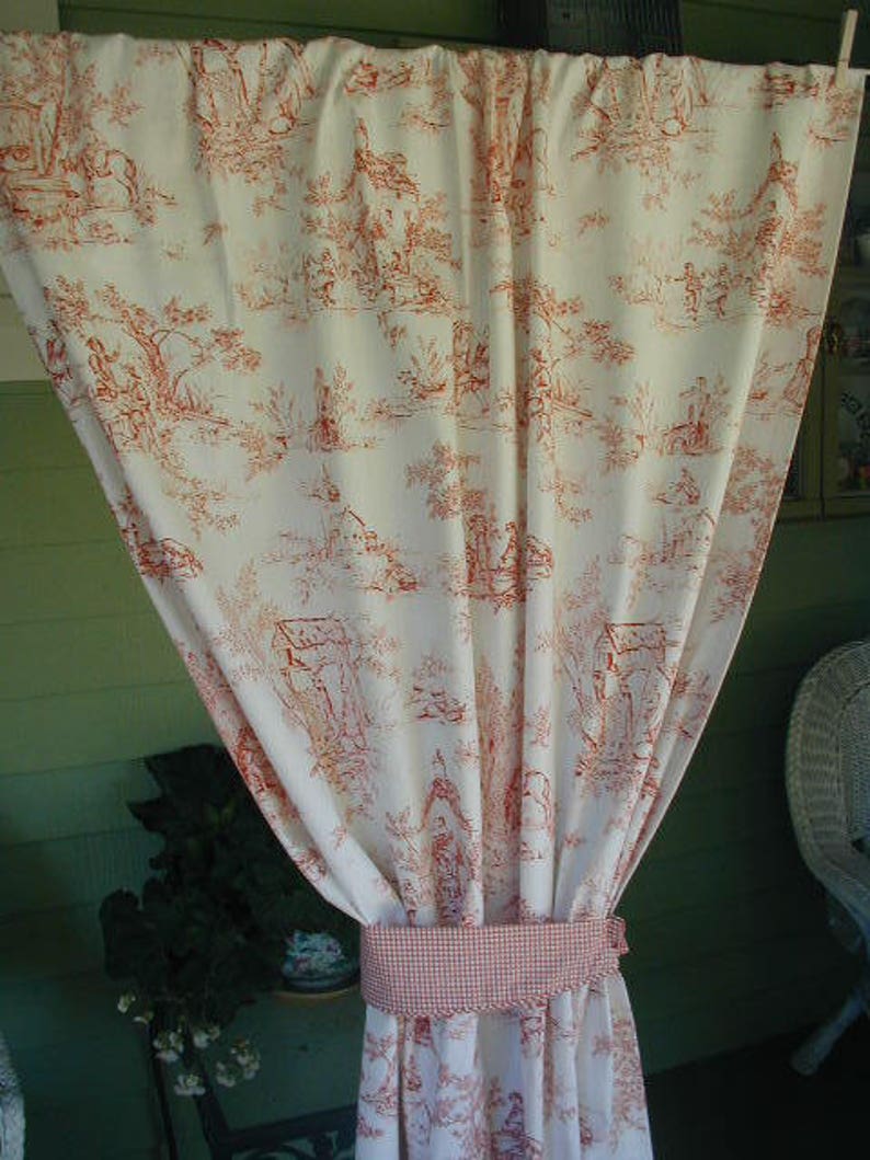 With Checked Tie Backs 2 Panels Designer Weight Fabric Vintage Toile Curtain  Panels Red and White Toile 85 12 long x 51 12 wide