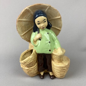 May include: A ceramic figurine of a person holding an umbrella and baskets. The figure wears a light green jacket, dark brown pants, and a dark blue hat. The umbrella and baskets are beige.