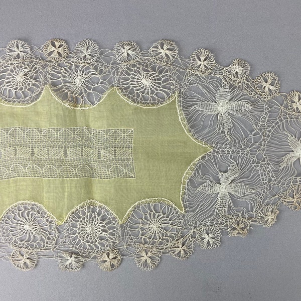 Vintage Hairpin Lace Doily, Sheer Yellow Organdy with Off White Hand Made Lace, Measures approx 29 1/2 x 11", Oval Shape, Very Delicate