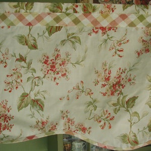 Vintage Curtain Valances, Set of 2, Lovely Floral Print with Pink and Red Flowers, Green Foliage, with Plaid Trim, Each Measures 17 1/2 x 58