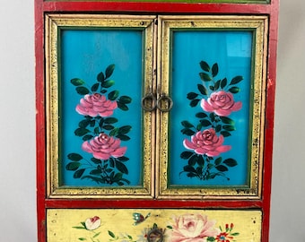Vintage Wooden Cupboard, Reverse Painted Glass Panels in Doors, Painted Bright Colors, 21 1/2" tall x 13 1/2" wide x 6", 2 Doors, 1 Drawer