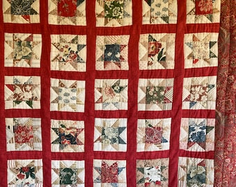Vintage Quilt-Bedspread, Queen Bed Size, Pieced Patchwork, Pottery Barn, 2 Matching Pillow Shams, 100% Cotton, "Ohio Star" Pattern, 95 x 95"