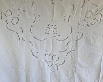 Vintage Duvet Cover, Twin Bed Size, Floral embroidery with Cut Work, with Embroidered Bows, Measures 67" wide x 85" long, 100% White Cotton