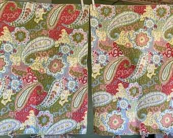 Vintage Pillow Shams,Pair of Shams, Quilted, Floral Paisley Print, Olive, Pink, Raspberry, Robin's Egg Blue and Yellow, Closes with Ties