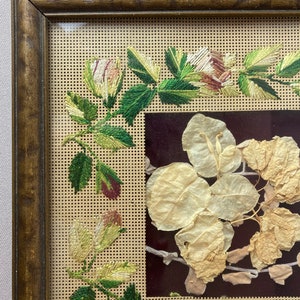 Op de afbeelding: Een ingelijst borduurwerk met een bloemenmotief. De borduurwerk is uitgevoerd in tinten groen, wit en bruin. De lijst is van hout en heeft een gouden afwerking.