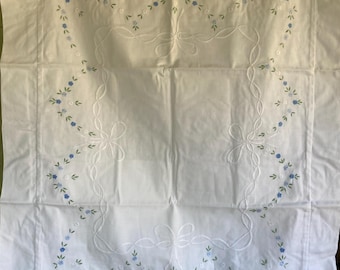 Vintage Pillow Shams, UNUSED, Standard Bed Size, Embroidered Blue Rose Garland & Bows, 100% Cotton Fabric,  Luxury Shams, "Catherine Diddel"