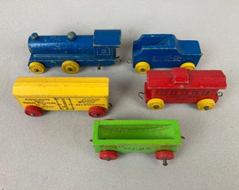 Vintage, Child's Toy, Toy Train, Wooden, Five Piece Set, "Strombecker-Becker",  5 Piece Set,  4 1/4" Locomotive, 1950's Toy Train