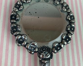 Vintage Small Hand Mirror, Sterling Silver, Rose Design, Beveled Glass Mirror, Olive Wood on Back, Measures 5 3/4" Long x 2 5/8" wide