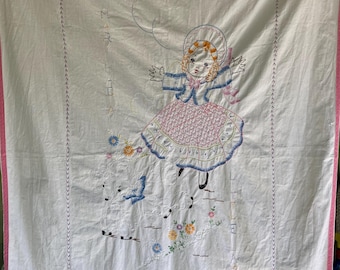 Vintage Baby Crib Coverlet with Matching Pillowcase, "Mary Had a Little Lamb", 1940's, Hand Embroidered, 100% Cotton, 33 x 46 1/2"