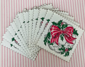 Vintage, Coasters, set of 12, Christmas Holiday, Paper Coasters, Scalloped Edges, Embossed with Holly Wreath and Red Bow, UNUSED (A)