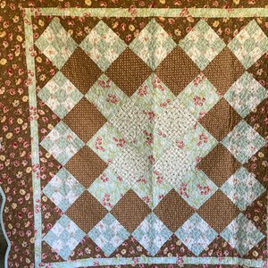 Vintage Lap Quilt or Throw, Hand Made, Pieced Patchwork, 100% Cotton, Aqua Blue, Pink and Brown,Floral Prints, Quilted, Measures 51 x 51"