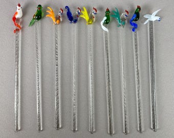 Vintage Swizzle Sticks, Hand Blown Glass, All Birds, Bright Multi-Colors, Apron. 8" long, Cocktail Party