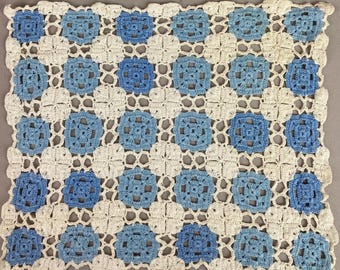 Vintage Doilies, Hand Crocheted, Blue and White, Measure 10 1/2 x 10 1/2",  100% Cotton, Set of 6,  Crafting, Repurposing, Sewing
