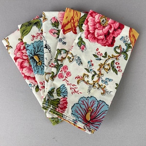 Vintage Spring Napkins, Set of 5,  UNUSED, Floral Print with Pink, Blue, Gold Flowers Cotton Fabric, Measure 15 1/4 x 14 1/2"