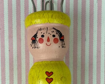 Vintage Knitting Dolly,  Continental Wooden Doll For Knitting Cording, Painted Bright Yellow, Red and Blue, 4 1/2" tall, Full Instructions