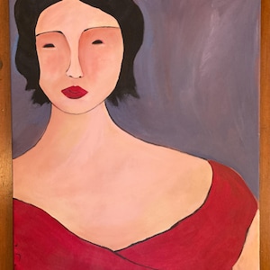 May include: A painting of a woman with short black hair, red lips, and a red dress. The background is a muted purple-gray. The artwork is a portrait with a minimalist style.