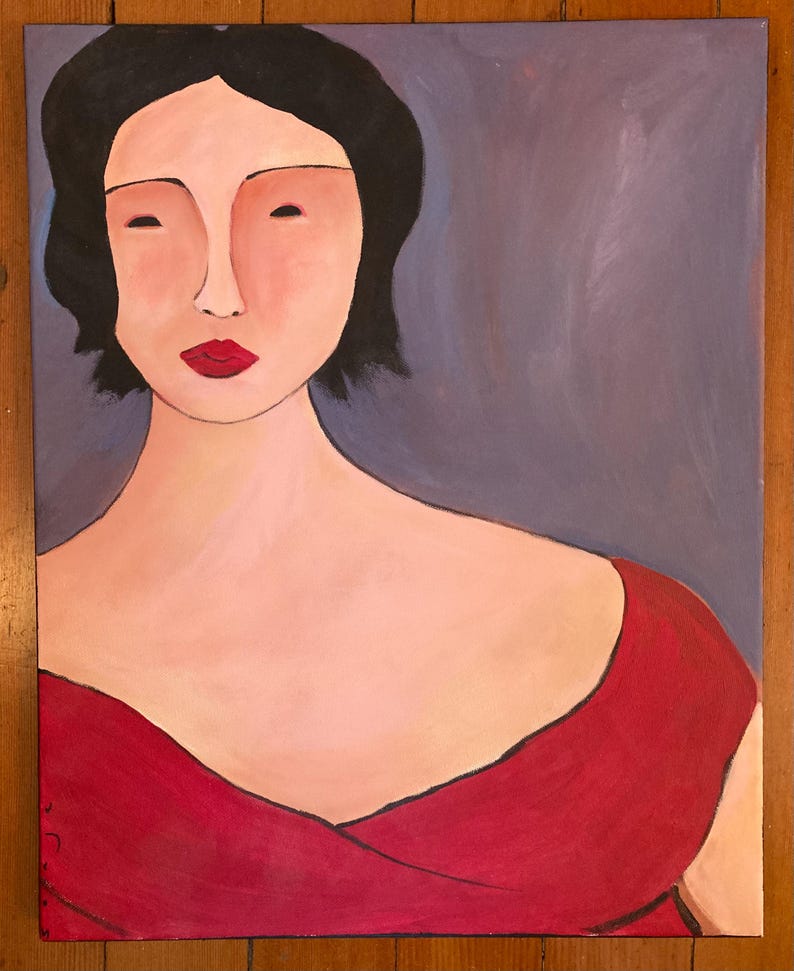 May include: A painting of a woman with short black hair, red lips, and a red dress. The background is a muted purple-gray. The artwork is a portrait with a minimalist style.