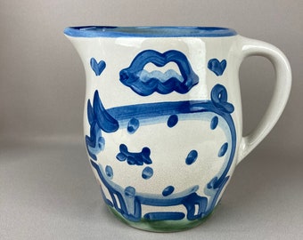 Vintage M A Hadley Stoneware Pitcher or Jug, With Pig Design, Blue and Green on Grey Background,  Stands 7 1/2" tall x 9" wide