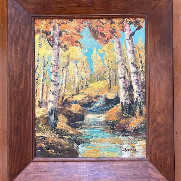 Vintage, Original Oil Painting, "Fall in the Woods", with Stream, Original Wide Wood Frame, Signed, Measures 22 x 26", Heavy Impasto