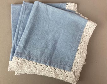 Vintage Table or Dinner Napkins, Set of 3, Chambray Blue Color, Shabby Chic" Brand, Aged with 1 1/4" white Lace, Measure 19 x 18 1/2",Cotton