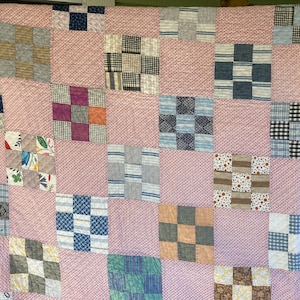 Antique Quilt, PiecedPatchwork Quilt, &quot;9 Patch&quot;, Hand Made, Hand Quilted, 100% Cotton, Early Fabrics, Indigo Blue with Light Red
