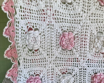 Vintage Hand Crocheted Bedspread or Coverlet, White Ground with Pink Rosettes, 100% Cotton, Measures Approx. 60 x 94", Pink Scalloped Edges