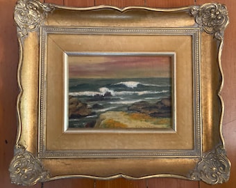 Vintage Original Oil Painting, Seascape, Coastal Bluffs, Moody Sky, Lively Surf, Gold Tones, Overall Size 12 1/4 x 10 1/2", Artist Signed