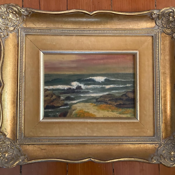 Vintage Original Oil Painting, Seascape, Coastal Bluffs, Moody Sky, Lively Surf, Gold Tones, Overall Size 12 1/4 x 10 1/2", Artist Signed