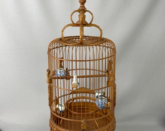 Vintage Bamboo Birdcage, Hand Carved, Ornate, Stands aprox. 22" tall with 9: Diameter, Blue and White Porcelain Feeders, with Hanger