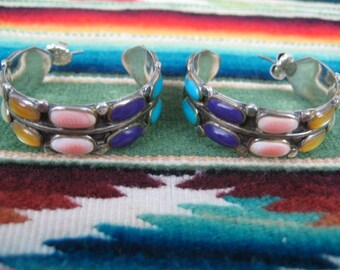 Vintage Native American Hoop Earrings, with Semi-Precious stones, Sterling Silver, Artisan Crafted, One of a Kind, Navaho Sterling Earrings