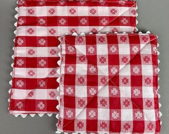 Vintage, Hand Made Hot Pads, Trivets, Red and White Check Fabric, with Rick Rack Trim, #1  8 1/4 x 8 1/4, #2 10 1/4 x 10 1/2",  Farmhouse