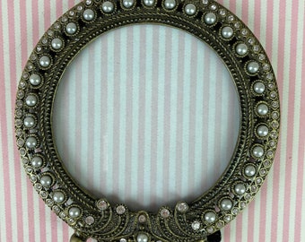 Vintage Picture Frame, Table Top Frame, with Pearls and Clear Rhinestones,  4" Diameter, photo size 3 1/4", Glitzy Frame