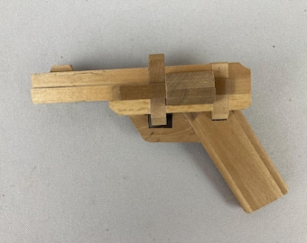 Vintage Wooden Puzzle, Interlocking Pieces, Kumiki, Modeled After a Pistol 3-D Brain Teaser,  11 Pieces, Made in Japan,