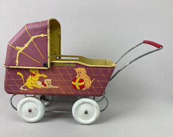 Vintage Toy Doll Carriage, Buggy, "Wyandotte, Tin Litho Toy, 1930's, Darling Graphics, Kitties, Doggies and Duck, 9 1/2" long x 6 1/2" tall