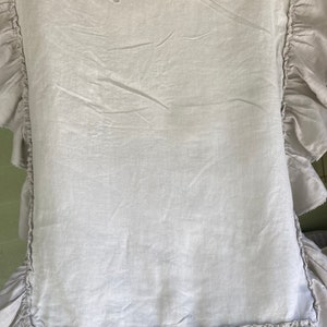 May include: A light gray linen throw blanket with a ruffled edge. The blanket is soft and has a relaxed, casual look.