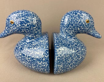 Vintage Pair of Bookends, Blue and White Ducks, Splatterware, N.S. Gustin Co., 1980's, Ceramic, Hand Decorated, 6 1/2" tall  5 1/2" wide