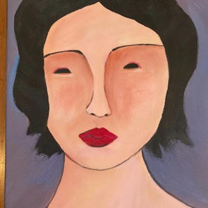 May include: A portrait painting of a person with black hair, red lips, and closed eyes. The skin tone is light with pink cheeks. The background is a muted blue.