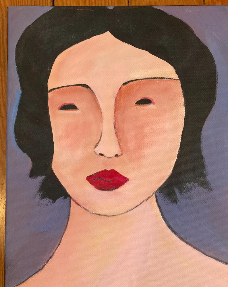 May include: A portrait painting of a person with black hair, red lips, and closed eyes. The skin tone is light with pink cheeks. The background is a muted blue.