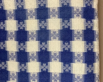Vintage Round Tablecloth, 60 x 62"  Medium Blue and White Checks, 100% Cotton, Woven Checks, PicnicTablecloth, Reversible