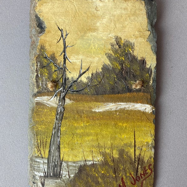 Vintage, Hand Painted Landscape Picture, Painted on Slate, Woodland Scene, Gold and Gray, Signed by the Artist, Has Hanger